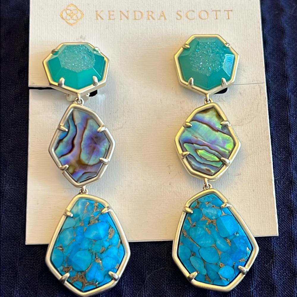 KENDRA SCOTT Nina Linear Matte Dangle Clip Earrings With Blue Mix Stones NWT